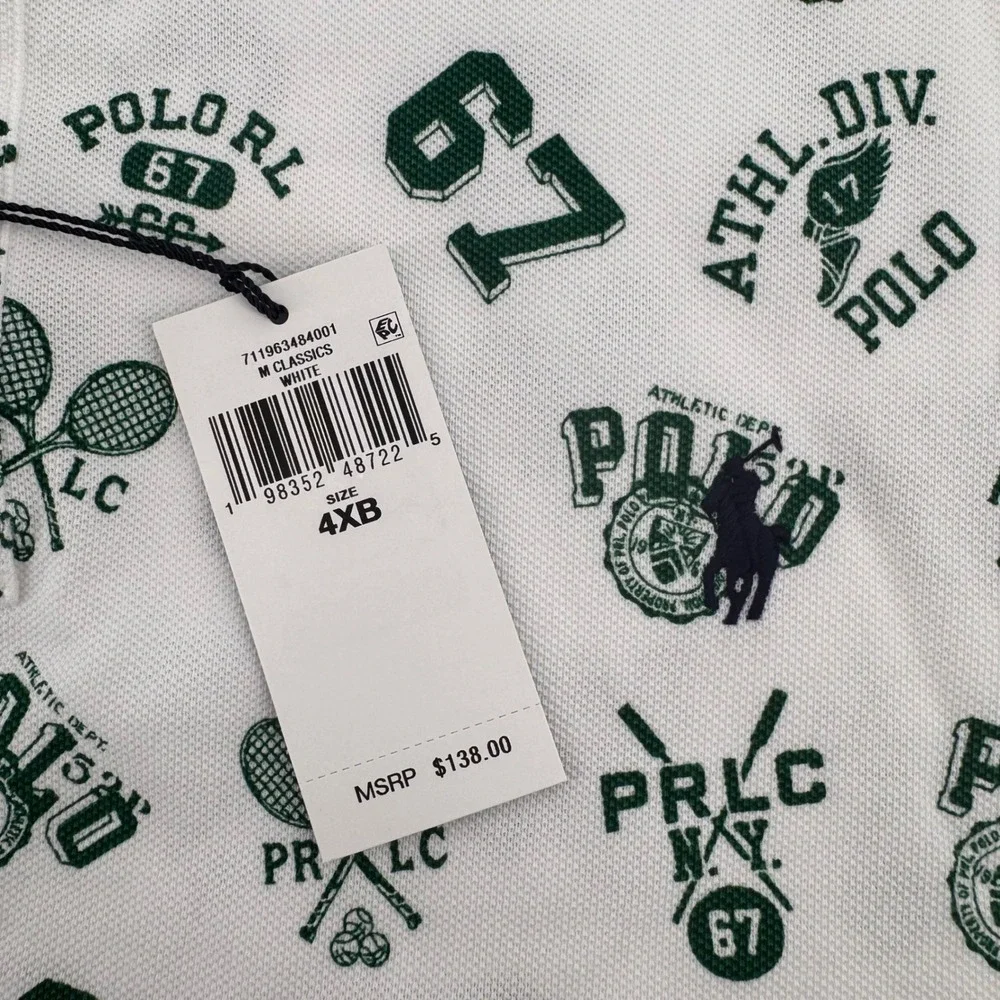 Polo Ralph Lauren Polo Shirt Men 4XB White Green All Over Tennis Print New